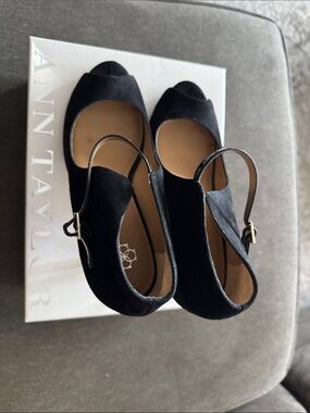 Ann Taylor Black Suede Peep-Toe Heels